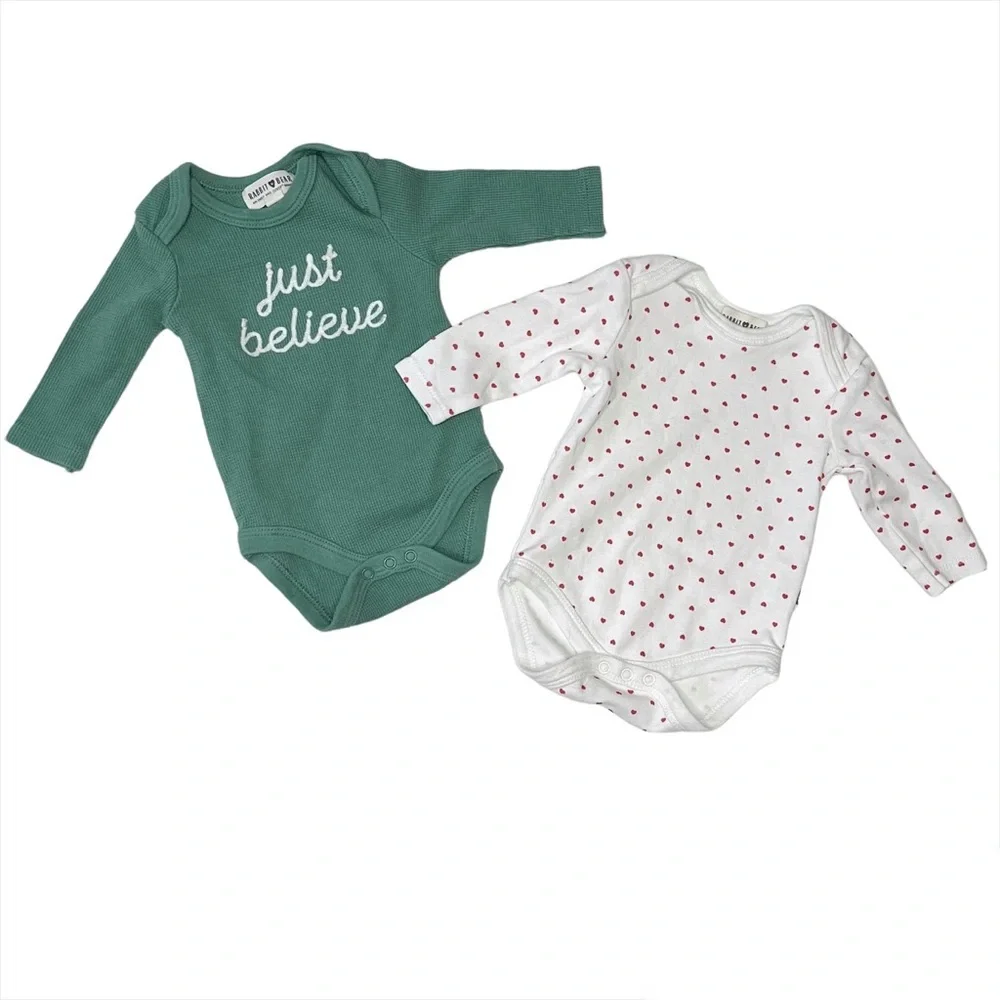 Rabbit + Bear Lot of 2 Newborn Baby Organic Cotton Onesie Bodysuits Size 0-3m